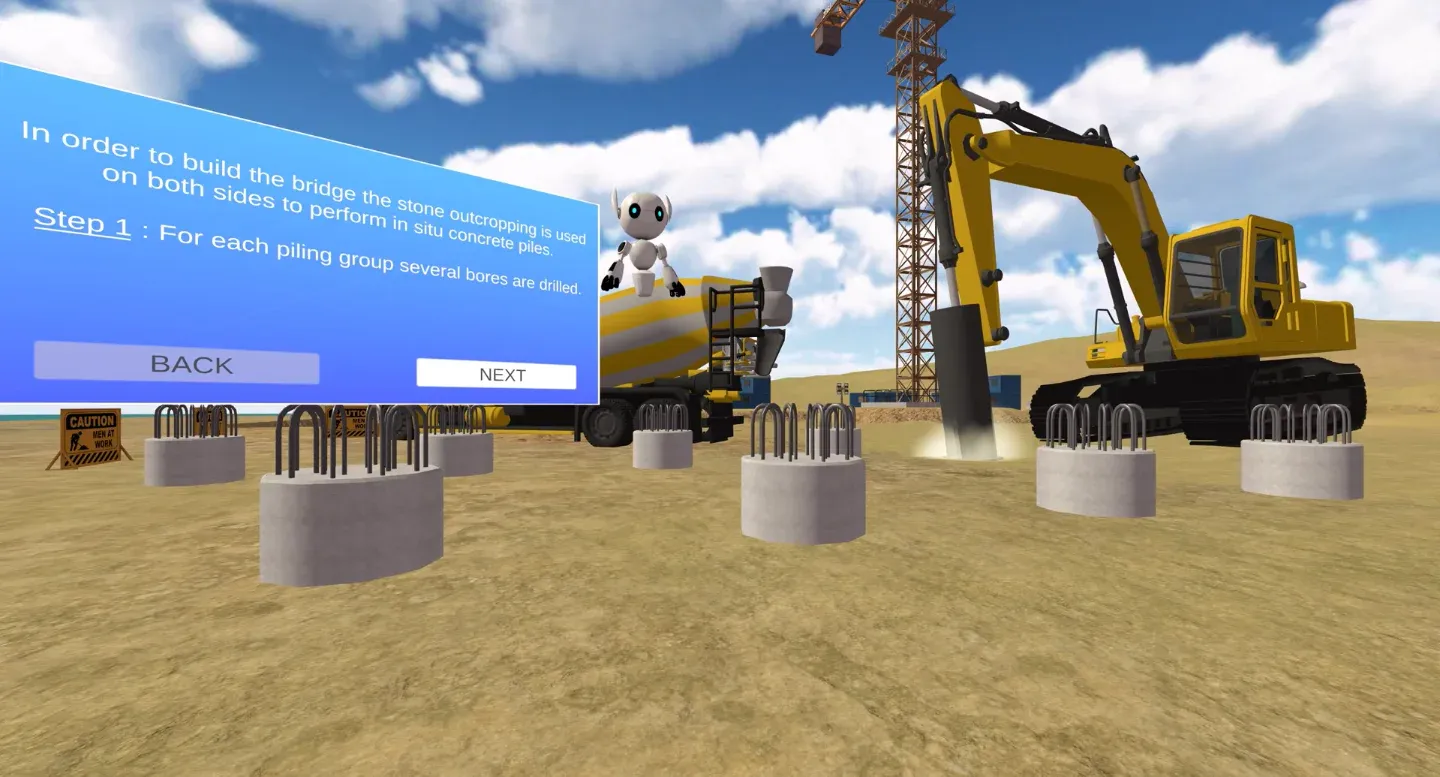 VR bridge construction site with concrete pile caps, excavator and crane, and a stage-one instruction panel