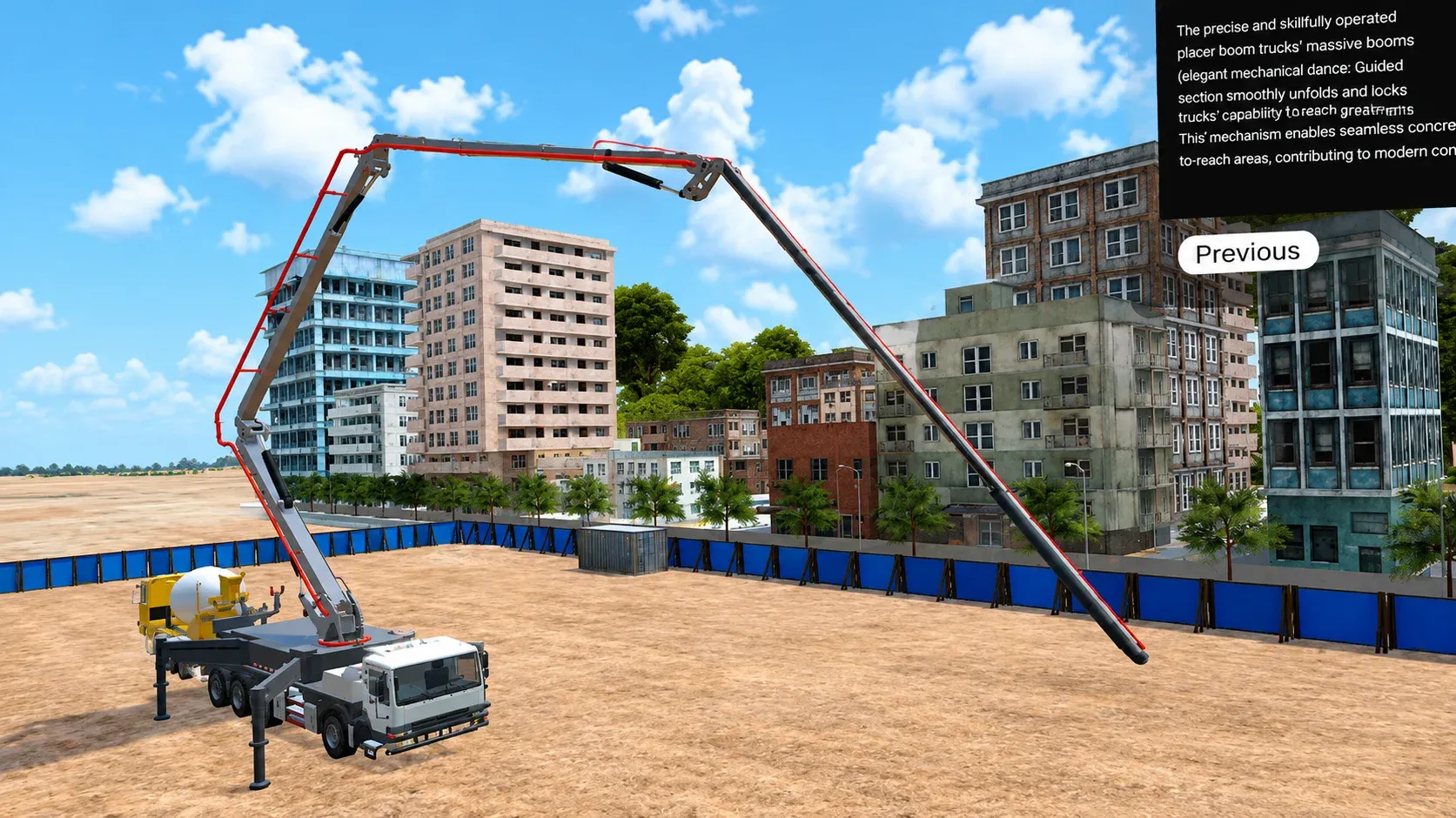 Concrete placer boom truck with the boom fully unfolded and reaching across a construction site