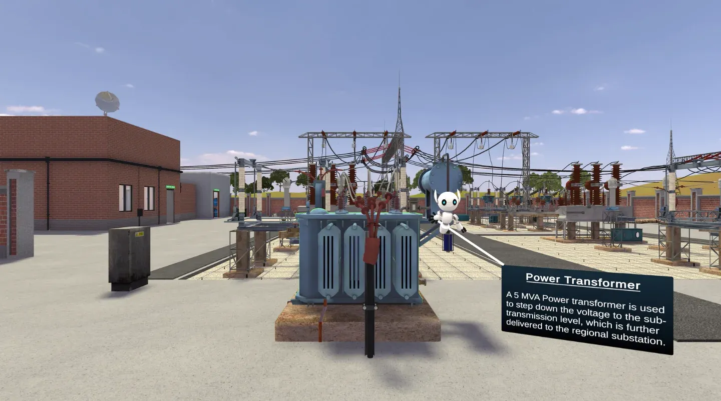 Core type power transformer in an outdoor switchyard beside an information panel describing its rating
