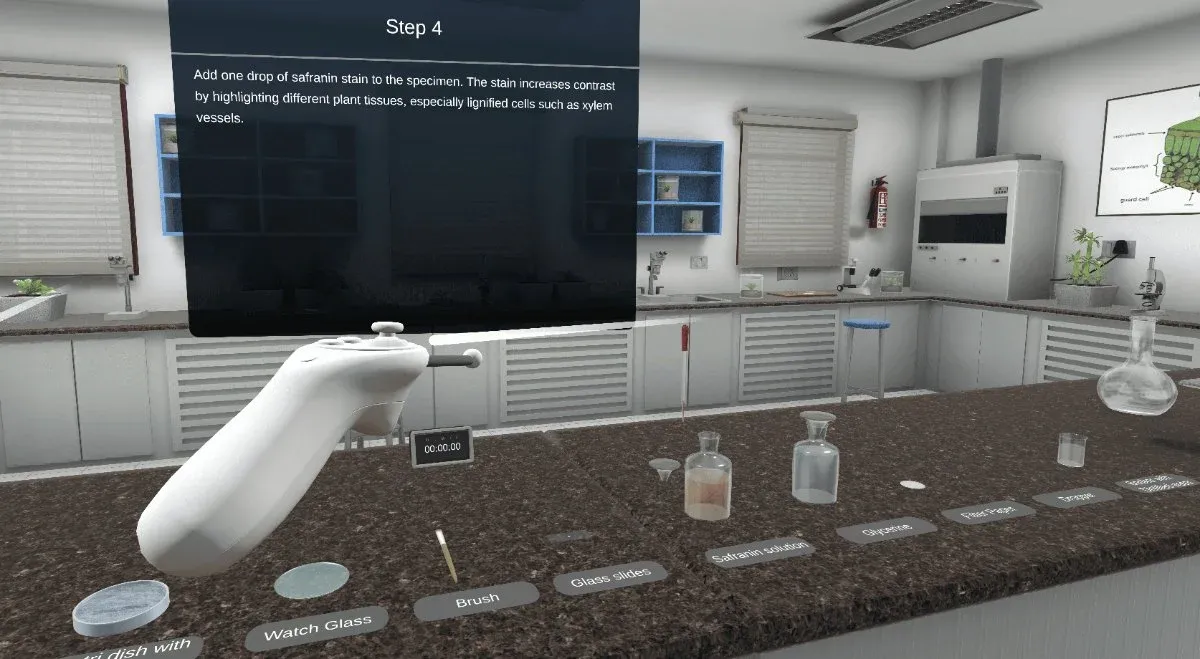 Virtual botany lab bench with safranin solution, glycerine, slides and a step prompt to stain the specimen