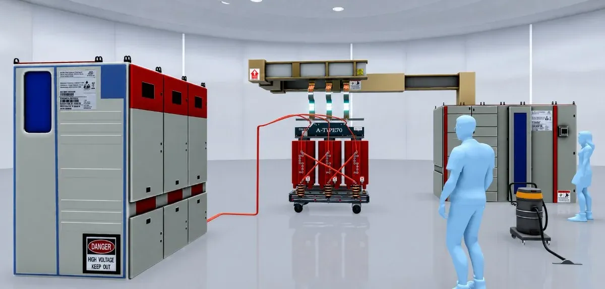 Dry type transformer on a trolley in an indoor electrical room beside switchgear panels
