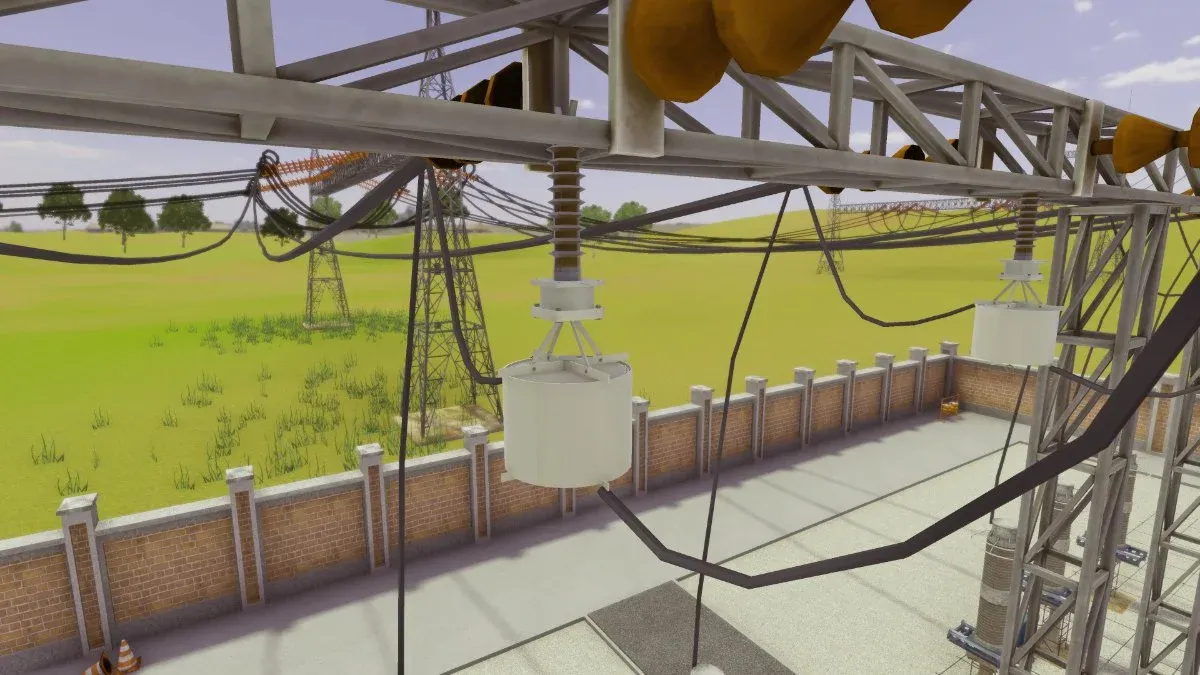 Substation gantry with suspension insulators and busbar conductors running above the switchyard