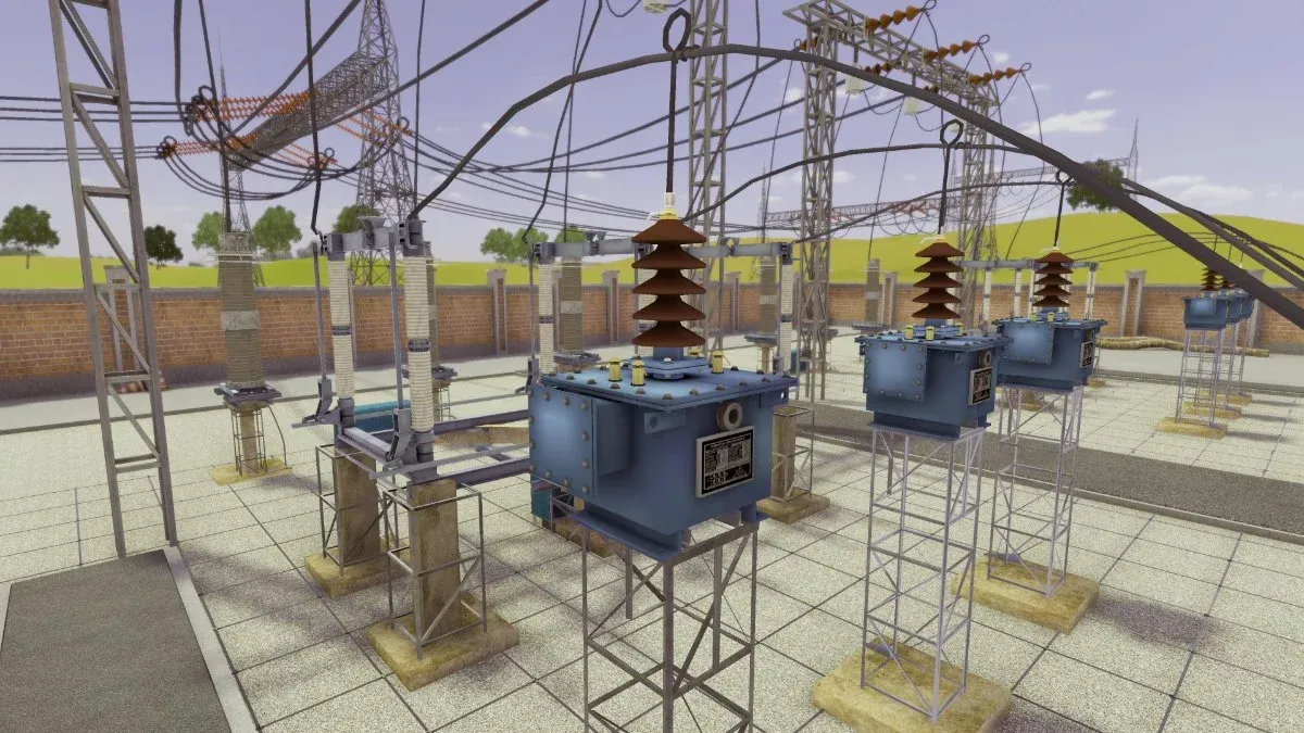 Substation switchyard with distribution transformers, lightning arresters and overhead conductors