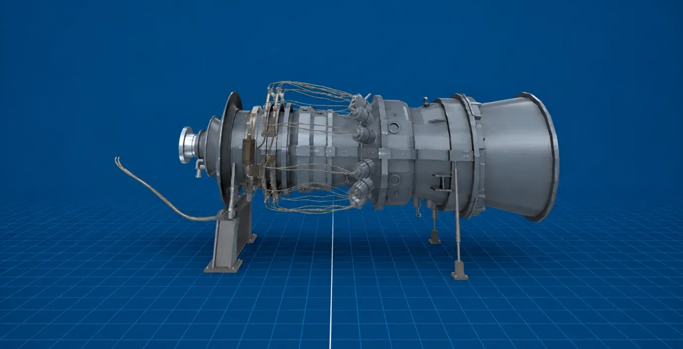 Industrial gas turbine 3D model showing external casing, compressor section and exhaust diffuser