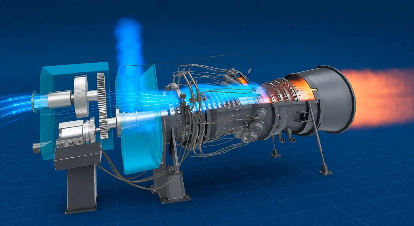 Gas turbine cutaway with blue airflow entering the compressor and hot orange exhaust leaving the nozzle
