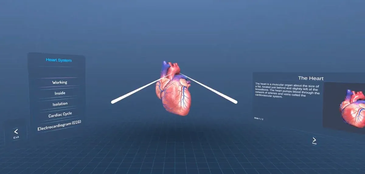 3D heart model floating between a chapter menu and a descriptive panel in a virtual anatomy space