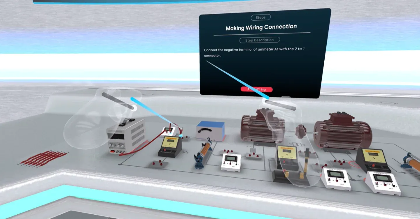 Virtual electrical machines bench with motor sets, meters and an on-screen wiring connection instruction