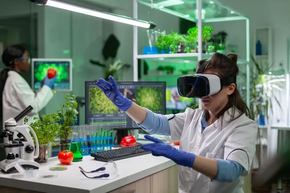 A young person exploring an immersive VR tour through a headset