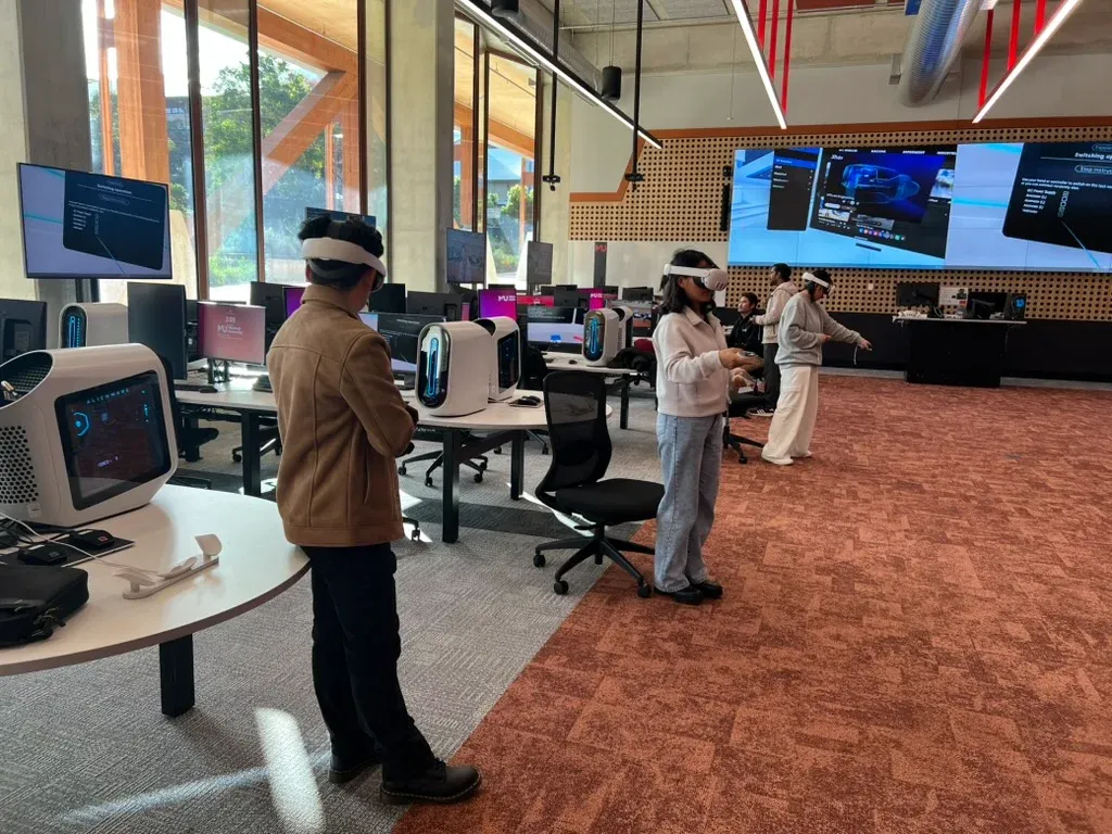 Students in VR headsets exploring engineering modules at Murdoch University's DigiLab