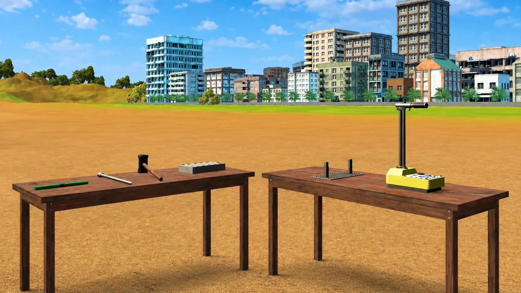 Nuclear density gauge on a test bench beside a compacted earthwork with a city skyline behind