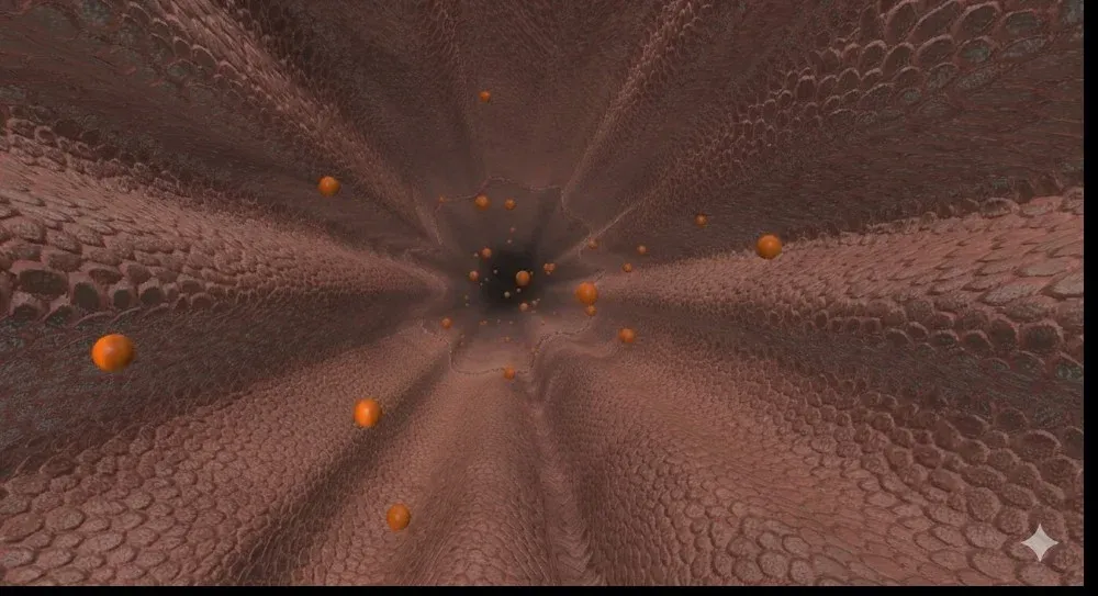 View descending the airway lumen with the ciliated wall surrounding a dark bronchial opening