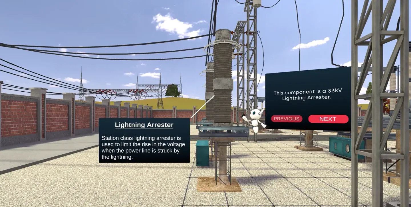 Virtual substation with a lightning arrester highlighted and an information panel explaining its function