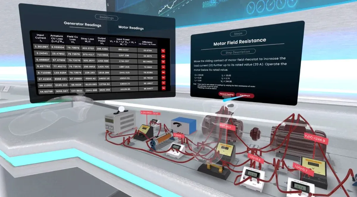 Virtual machines lab bench for Swinburne's test with a readings table panel and coupled motor set