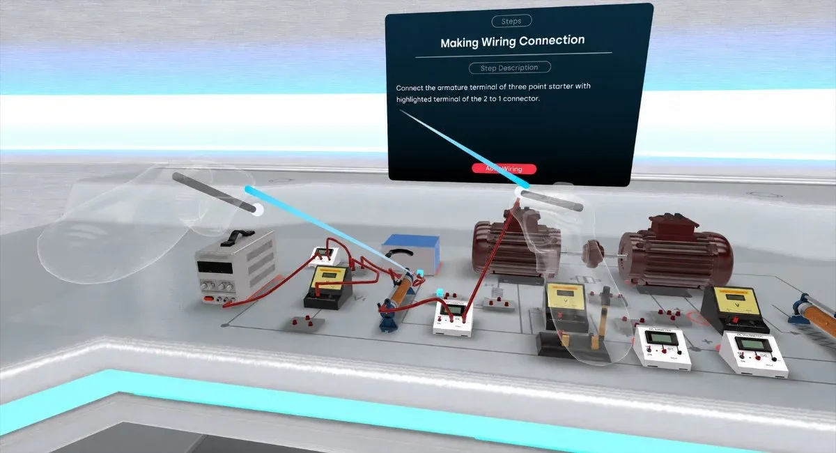 DC shunt motor bench with meters, starter and rheostat, and an on-screen wiring connection step