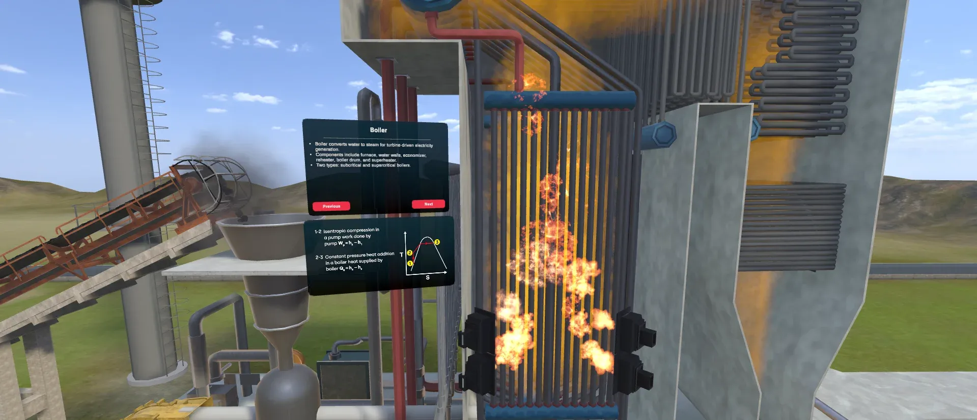 Thermal power plant boiler with visible furnace combustion beside an information panel