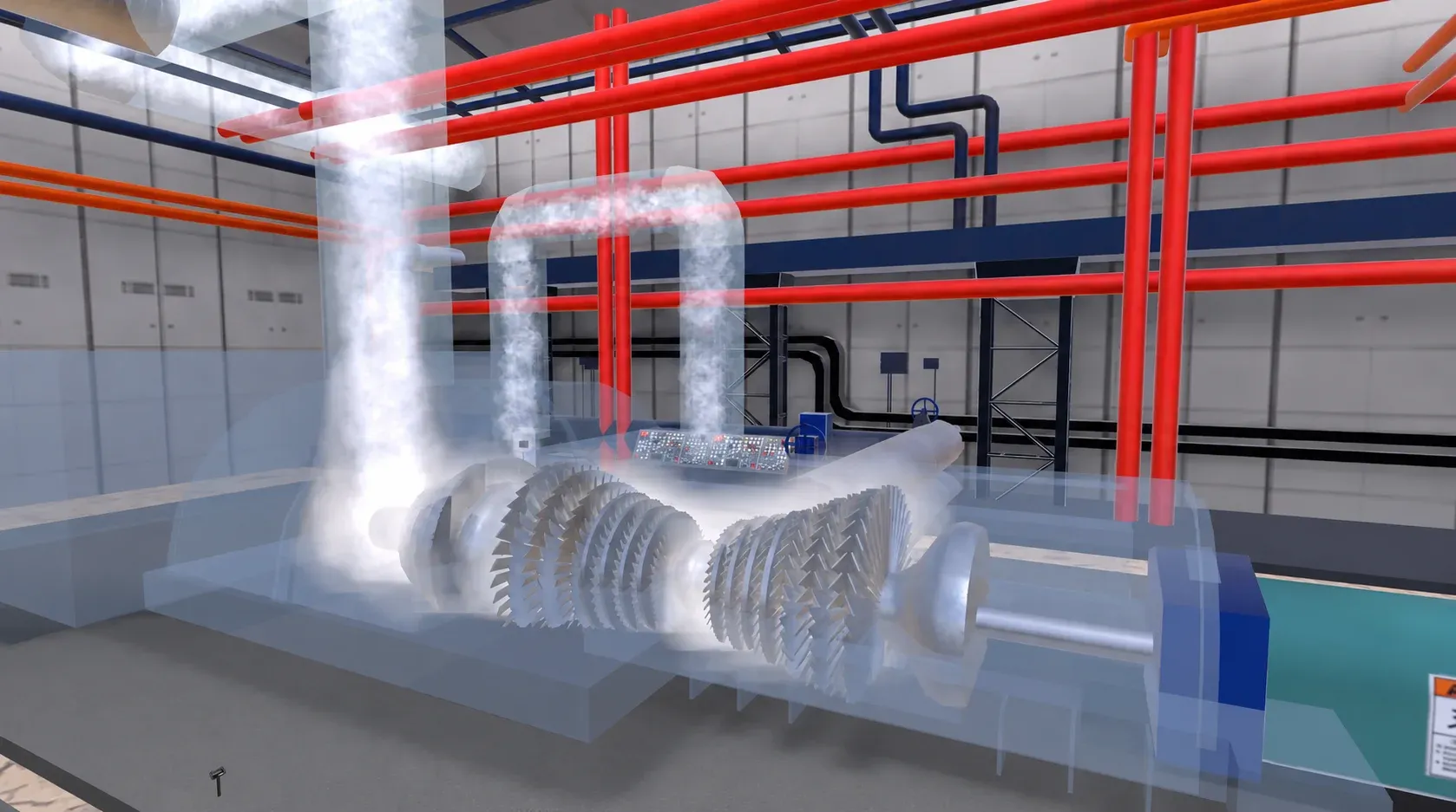 Turbine hall of a thermal power plant with steam flow visualised over the turbine rotor and pipework