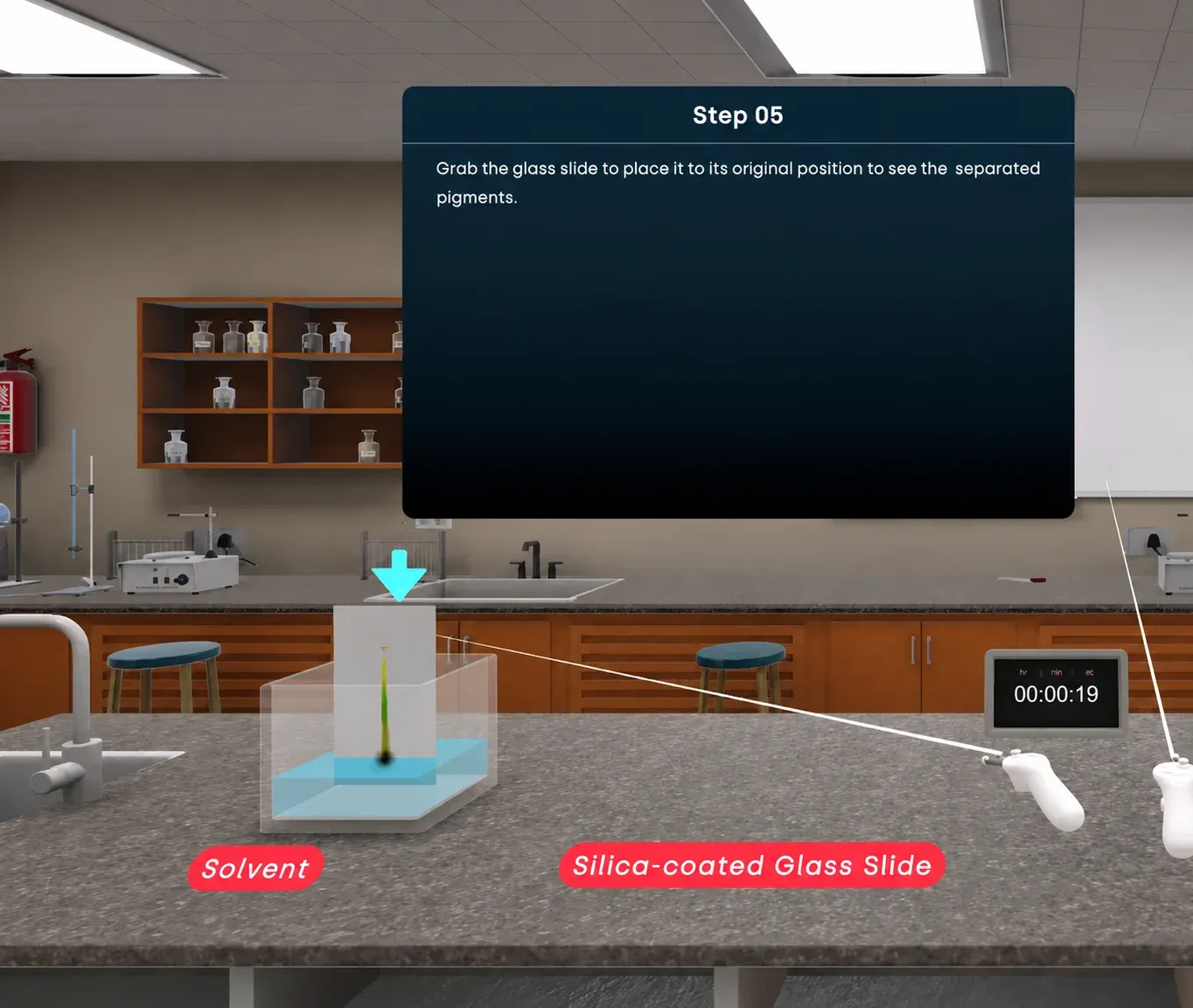 Silica-coated glass slide developing in a solvent chamber on a virtual chemistry lab bench