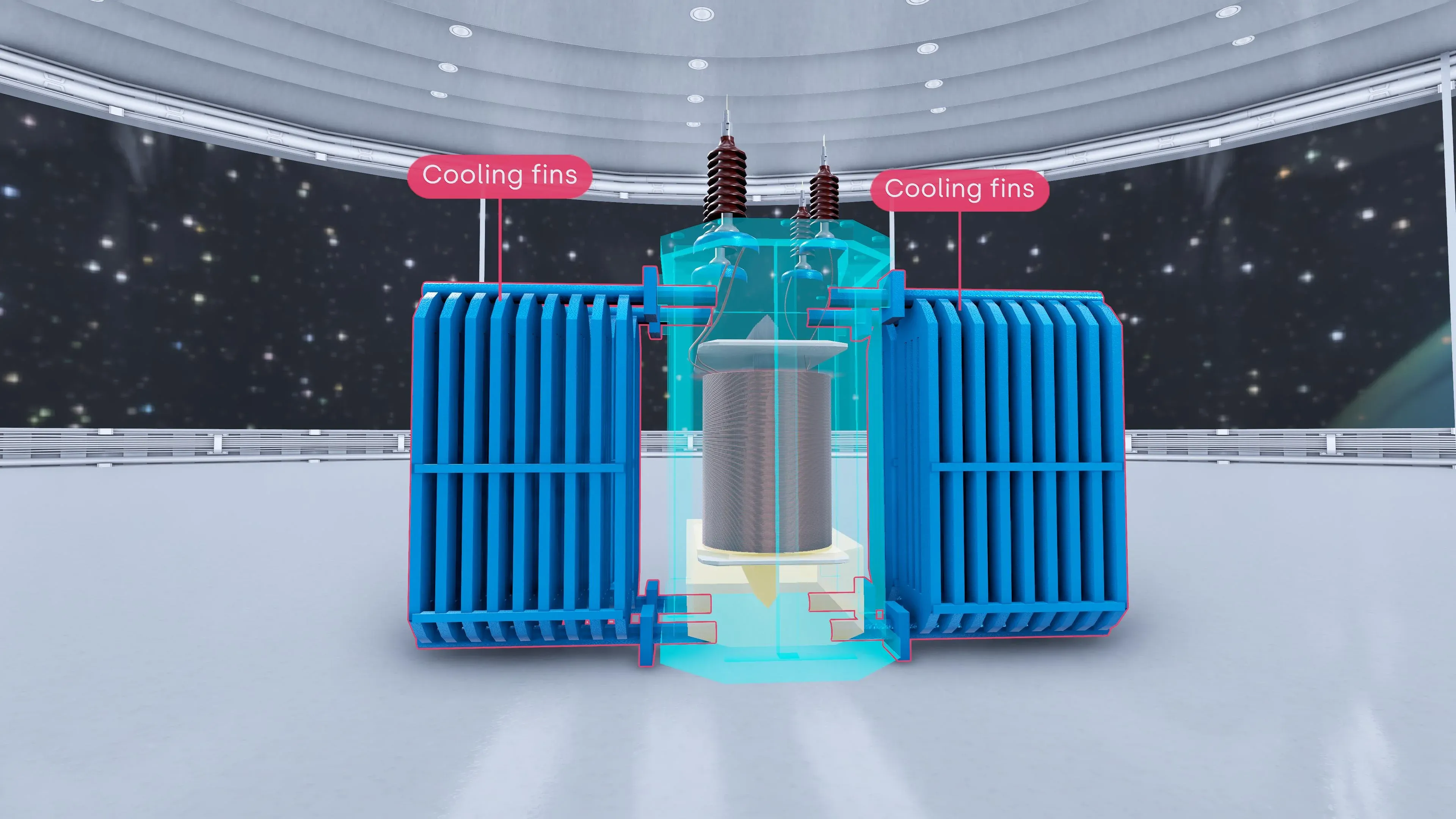Three phase transformer with blue cooling fins and HV bushings, cooling fins labelled