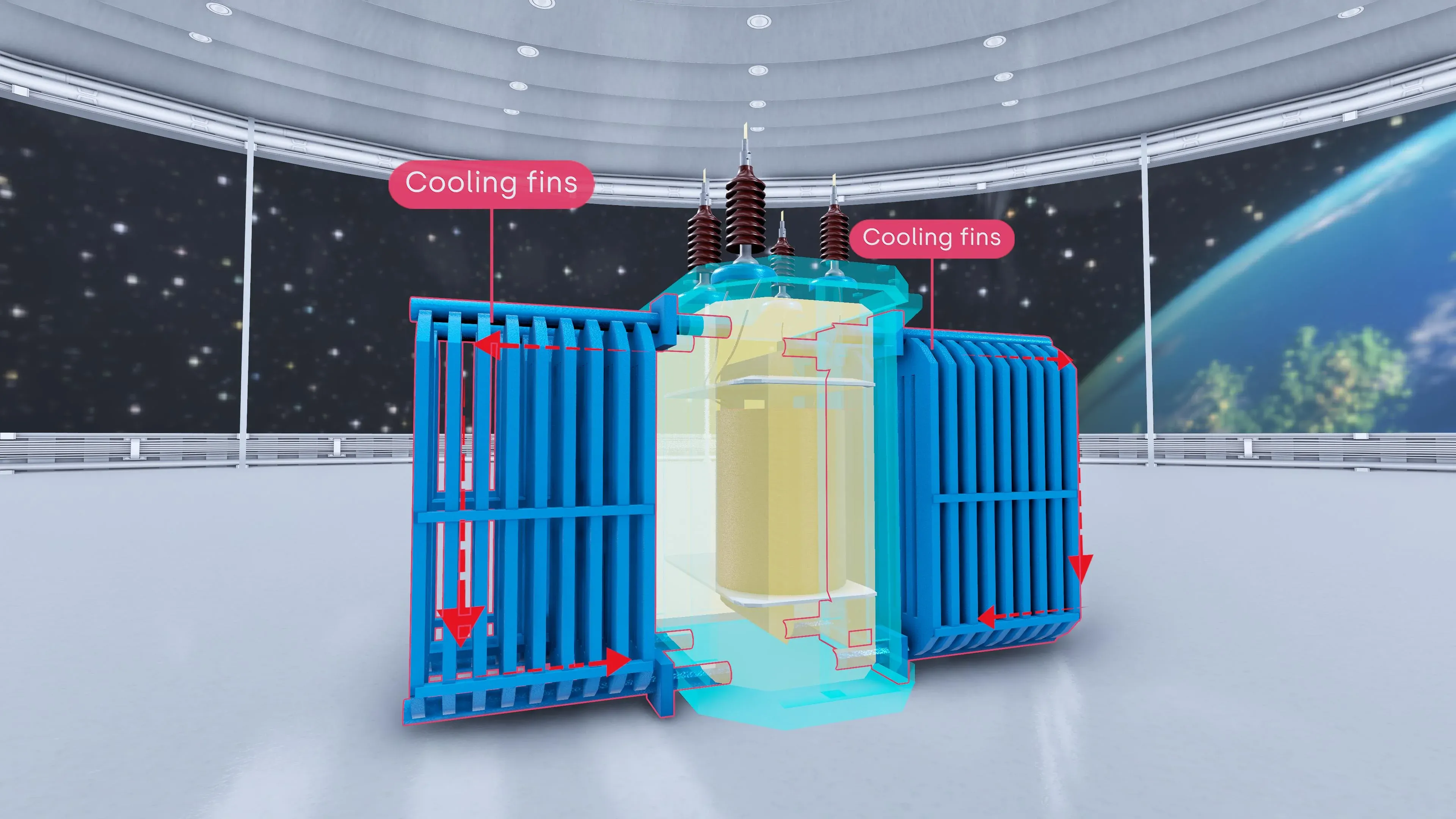 Cutaway three phase transformer showing the core, windings and internal oil volume inside the tank