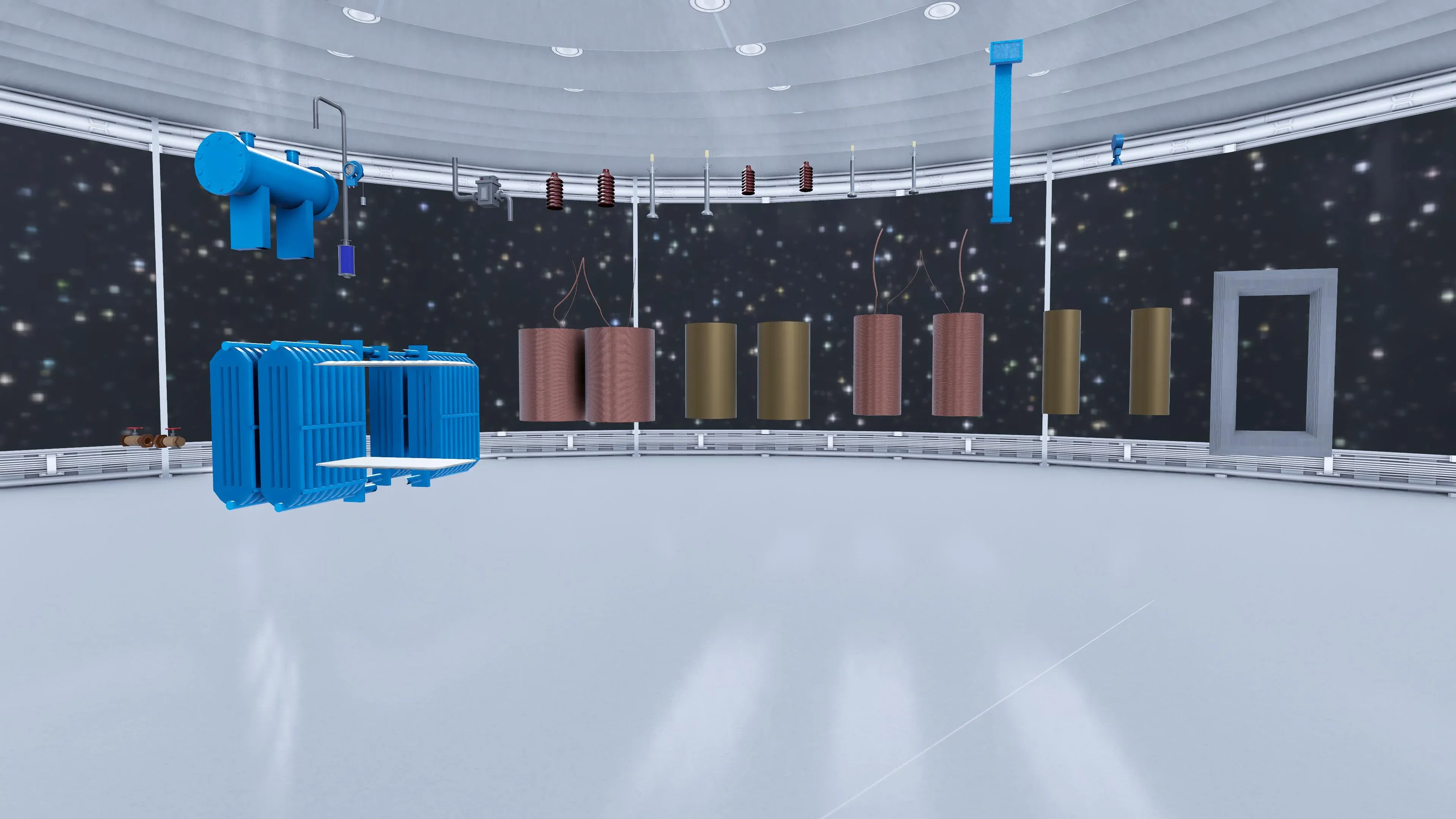 Three phase transformer separated into component parts across a virtual workshop floor