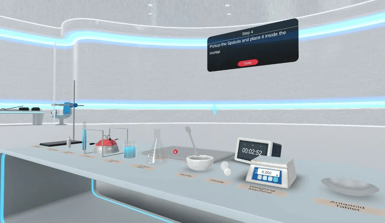 Virtual chemistry bench set for titration with burette, conical flask, balance and reagent bottles