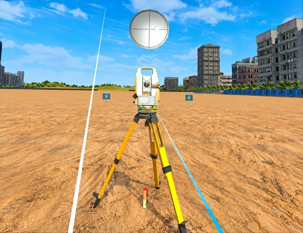 Total station mounted on a yellow tripod in a virtual survey field with a target crosshair overlay