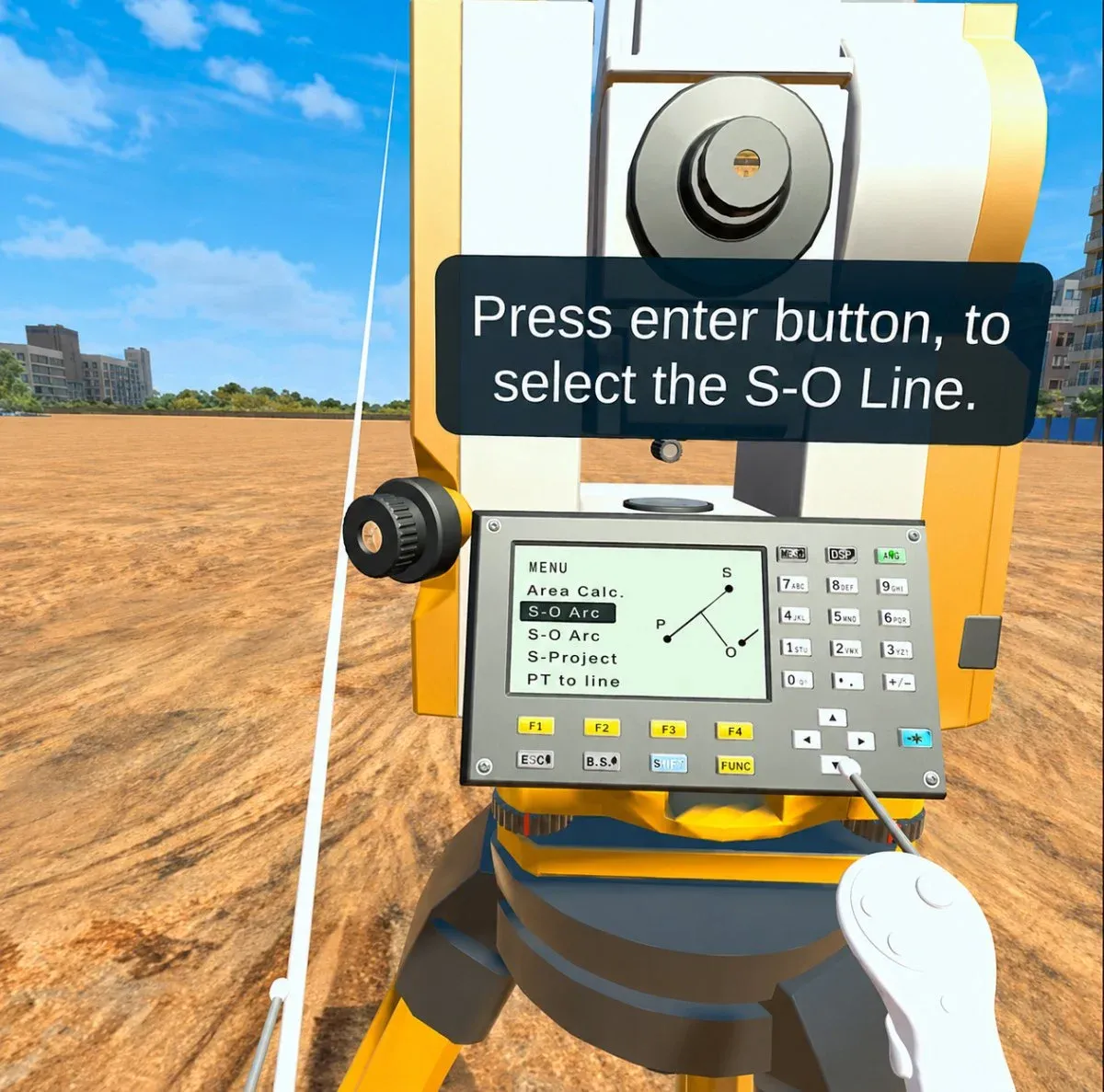 Close-up of a total station keypad and display with an on-screen prompt to select the S-O line
