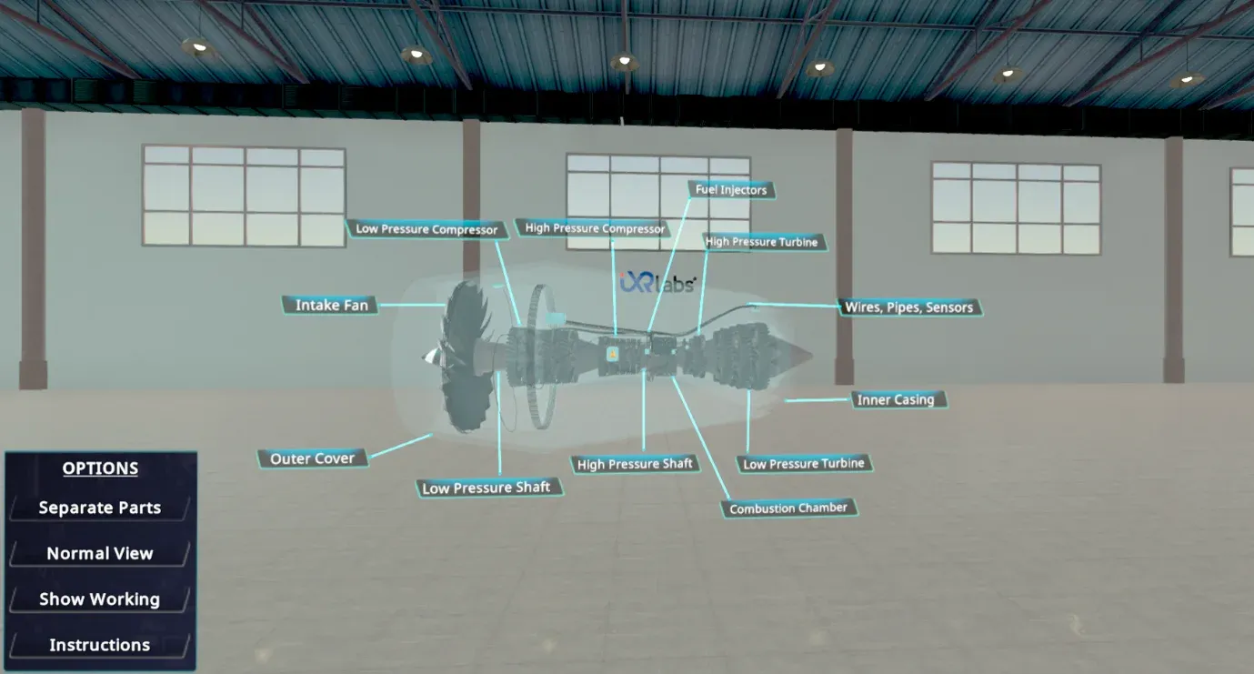 Turbofan jet engine in exploded view with labelled intake fan, compressors, combustor and turbines