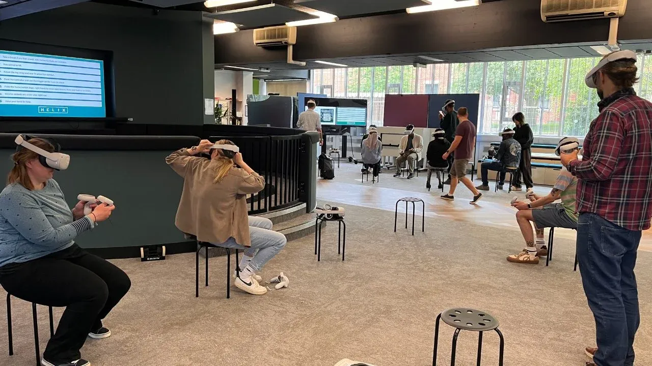 MSc students taking an immersive iXRLabs VR water-treatment site visit at the University of Leeds' Helix Centre