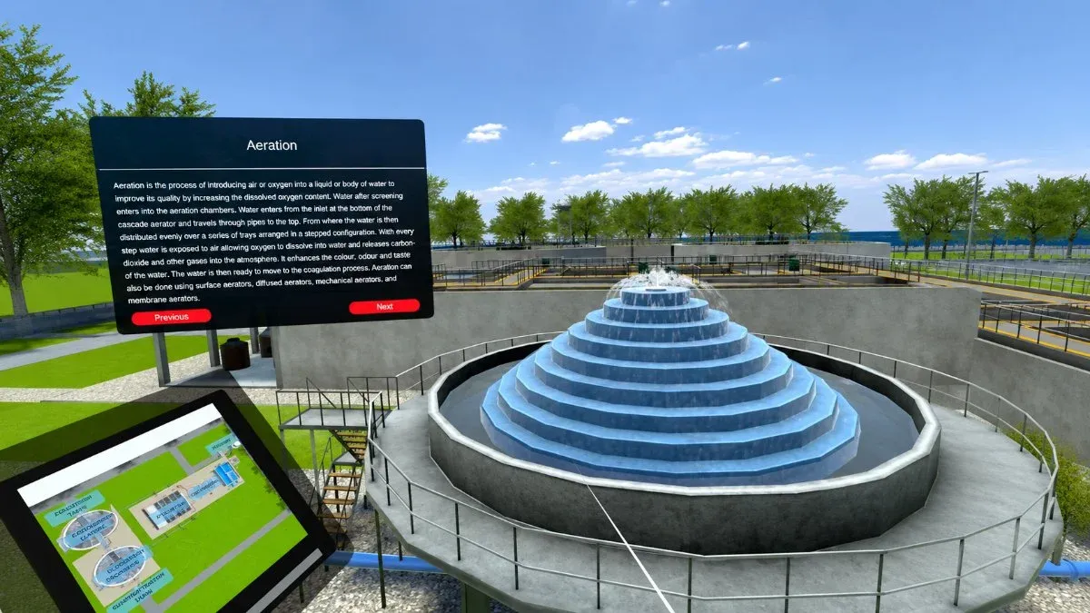 Stepped cascade aerator with water flowing over concentric trays, beside an aeration information panel