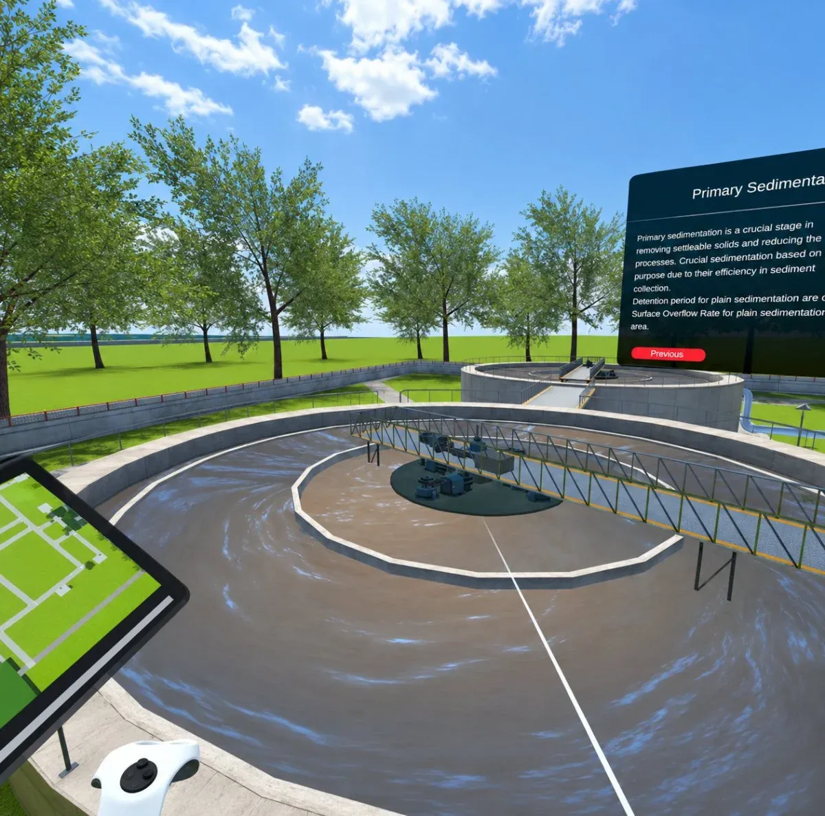 Circular primary sedimentation tank with a rotating bridge scraper at a virtual water treatment plant